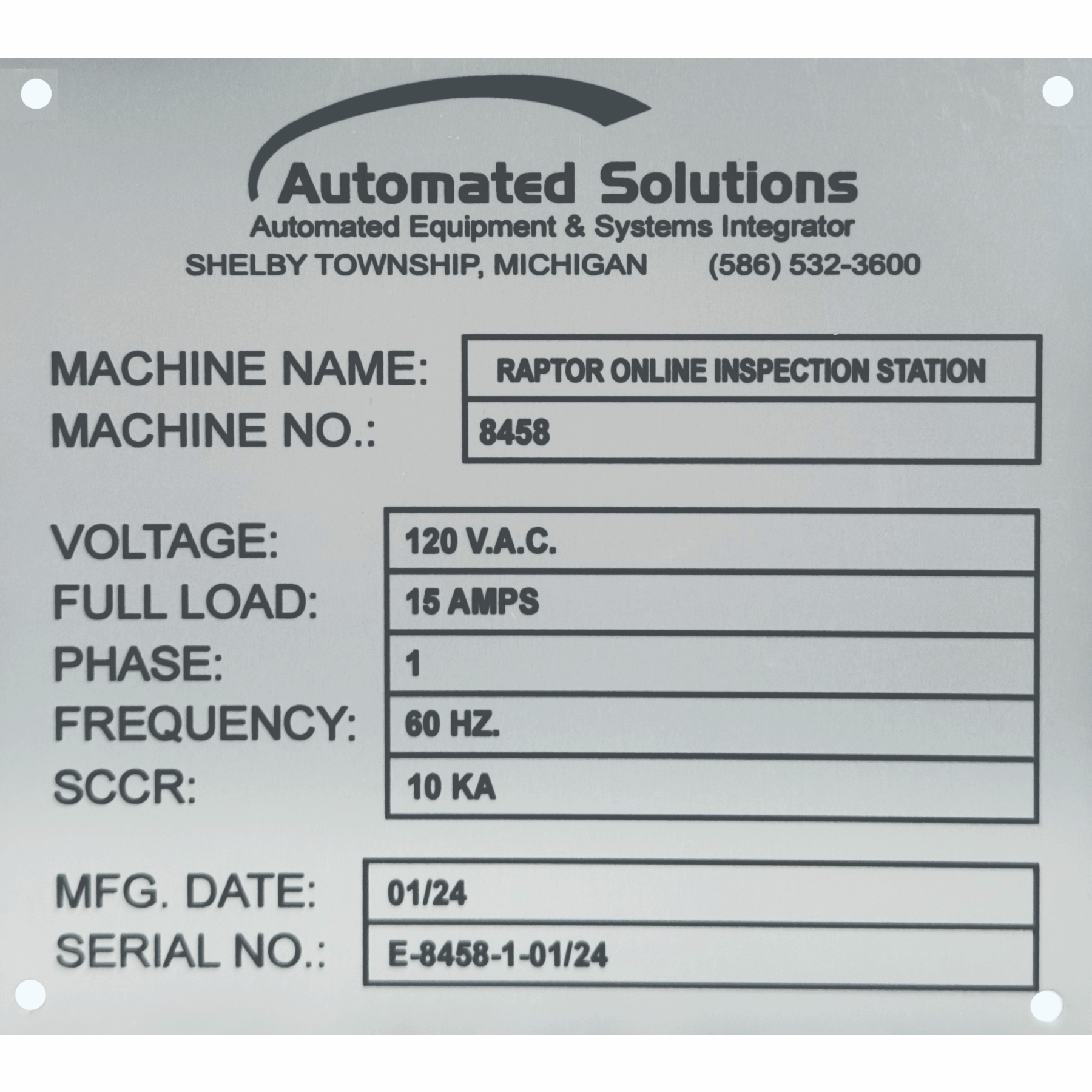 Custom metal equipment nameplate