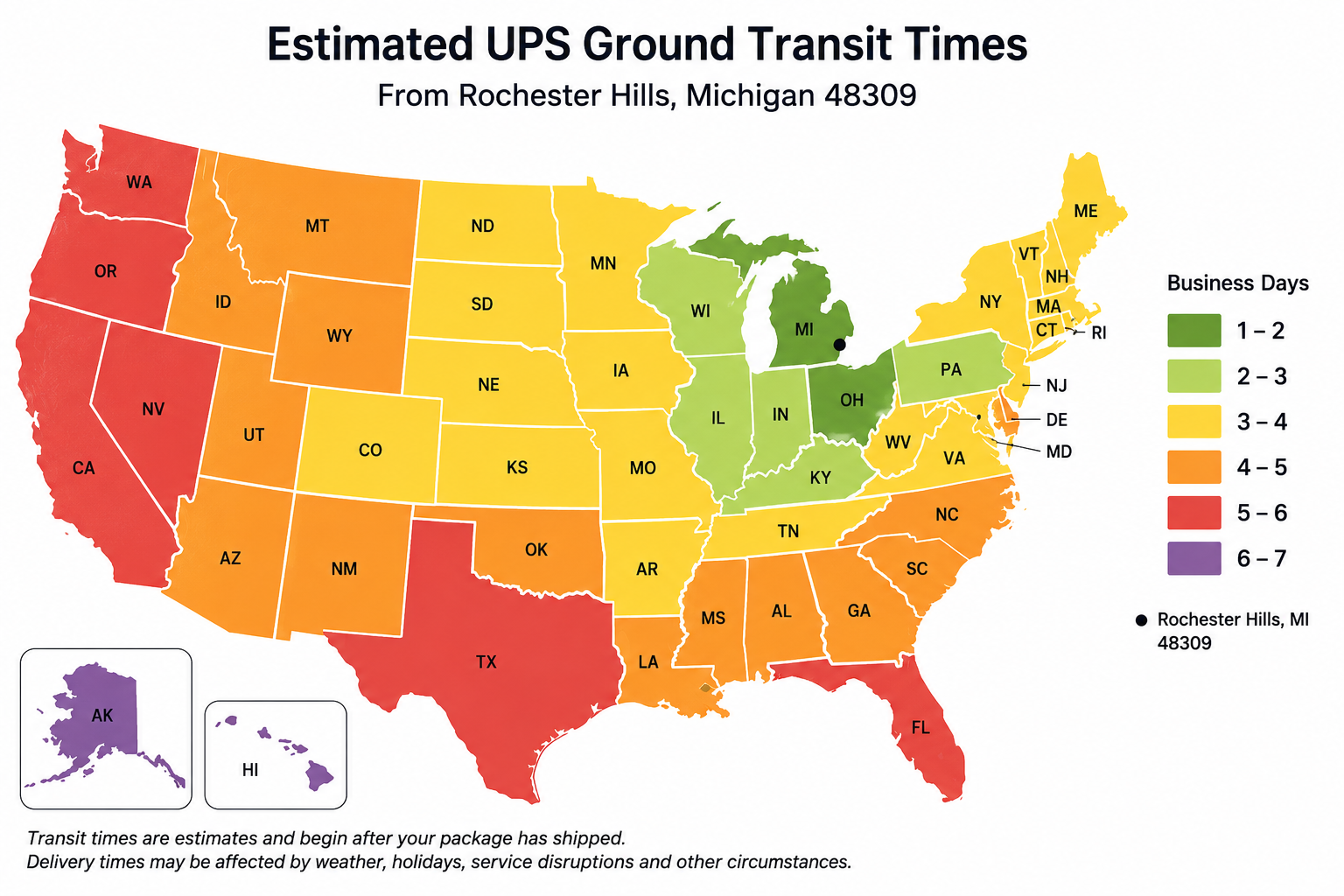 Estimated UPS Ground transit times from QBE Tags in Rochester Hills Michigan